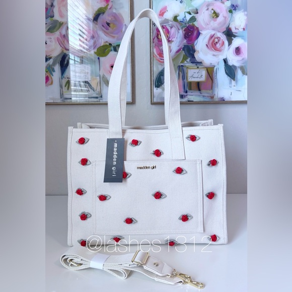 Madden Girl Handbags - STEVE MADDEN Girl Canvas Tote Bag with Rosette Flowers - Cream MG245111